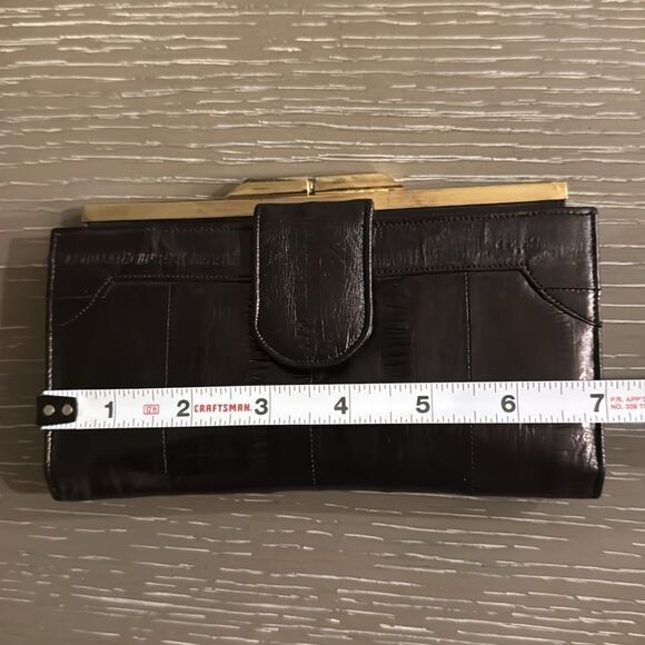 VINTAGE 1980s Brown Gold-Tone Structured EEL Skin Multi Compartment Snap Wallet - Picture 7 of 12